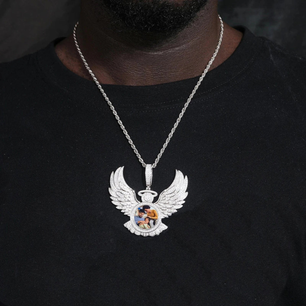 Custom Angel Wing Photo Pendant – “Heavenbound Tribute” Edition VVS1 5A CZ White Gold 18 IN Rope - Shop Gold Supply