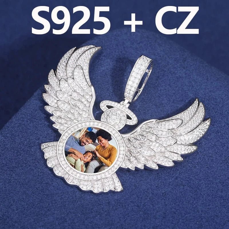 Custom Angel Wing Photo Pendant – “Heavenbound Tribute” Edition VVS1 5A CZ White Gold 18 IN Rope - Shop Gold Supply