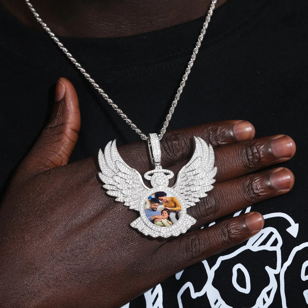 Custom Angel Wing Photo Pendant – “Heavenbound Tribute” Edition VVS1 5A CZ White Gold 18 IN Rope - Shop Gold Supply