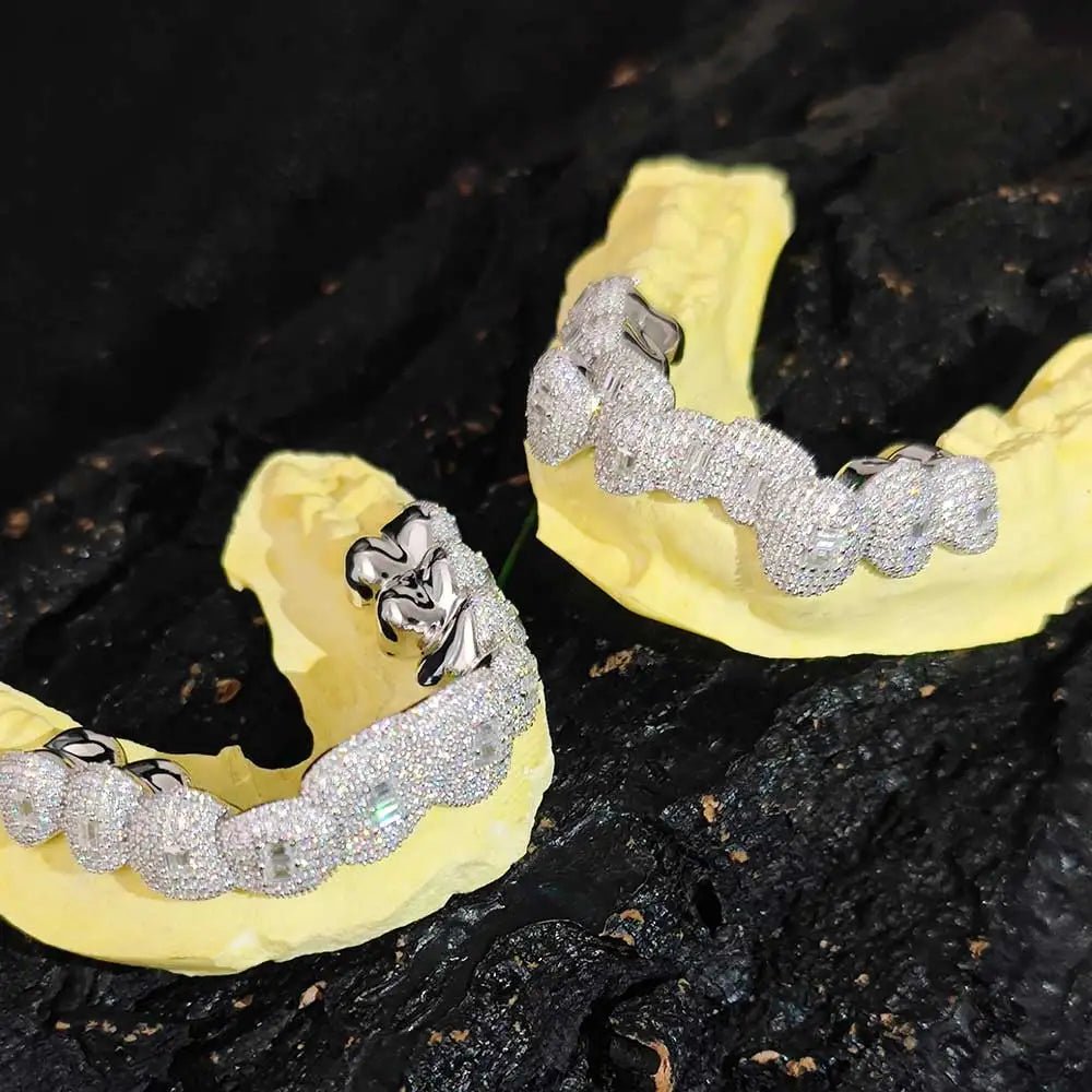 Custom Moissanite Rectangle Grillz – “Deep Frost Bite” Edition 10 upper / 10 lower - Shop Gold Supply