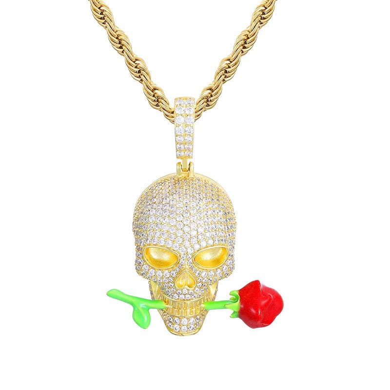 Yellow Gold Moissanite Glow Skull & Rose Glow Pendant – “Deadly Romance” Edition - The Gold Supply