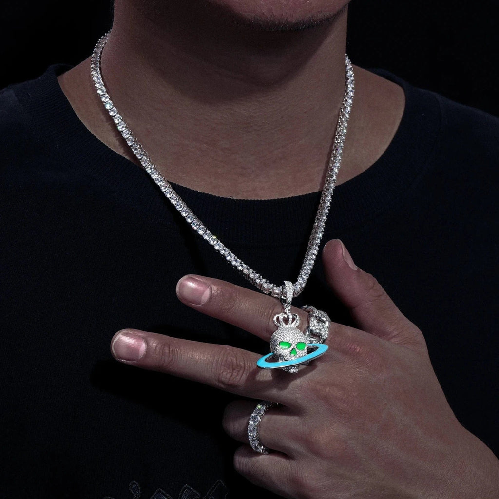 Moissanite Glow Skull Saturn Pendant – “Cosmic Reign” Edition - Shop Gold Supply