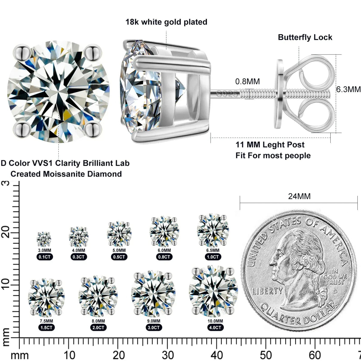 Moissanite Stud Earrings 3MM 925 Silver Rose Gold - Shop Gold Supply