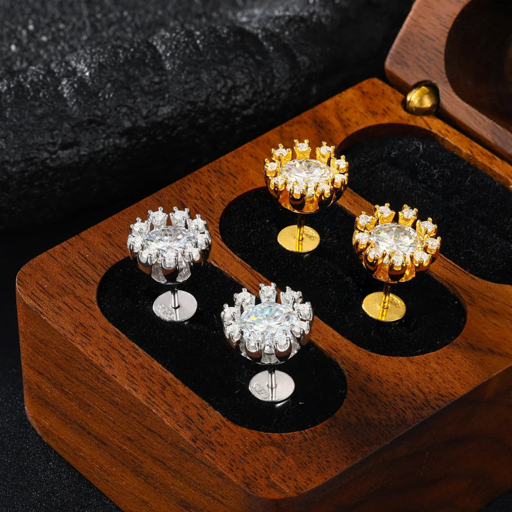 Sunburst Iced Stud Earrings – “Solar Flare” Edition Yellow Gold Moissanite - Shop Gold Supply