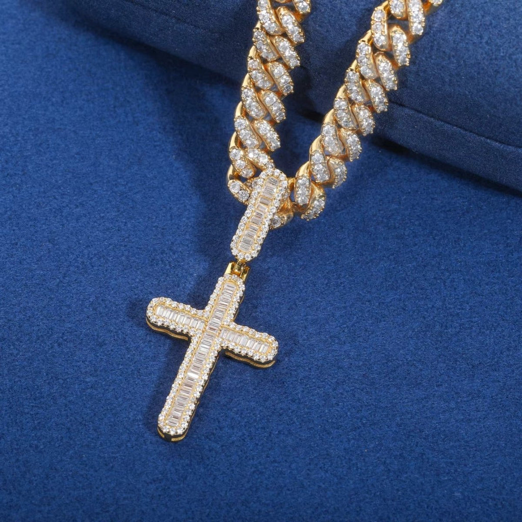 VVS Baguette Cross Pendant White Gold Moissanite FREE Never Tarnish Rope - Shop Gold Supply