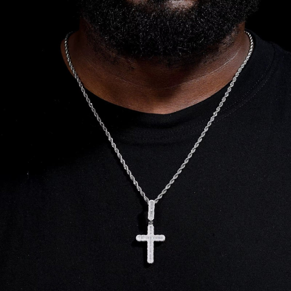 VVS Baguette Cross Pendant White Gold Moissanite FREE Never Tarnish Rope - Shop Gold Supply
