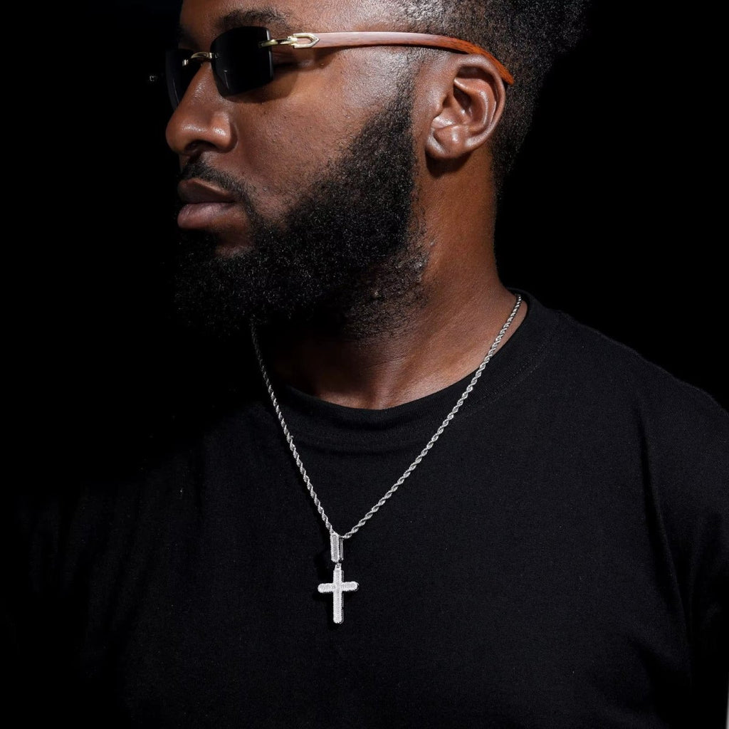 VVS Baguette Cross Pendant White Gold Moissanite FREE Never Tarnish Rope - Shop Gold Supply